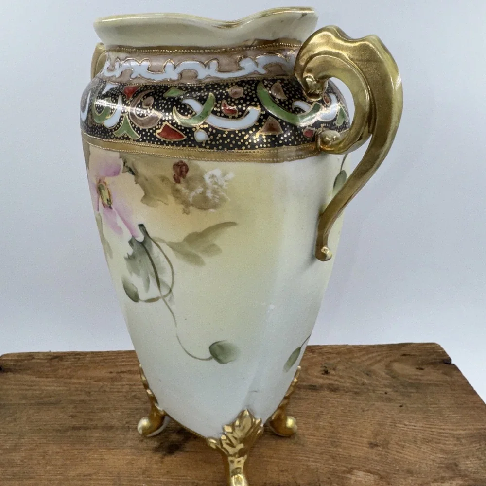 Vase Antique Nippon‎ Hand-Painted Porcelain w/Double Handle Floral Gold Gilt